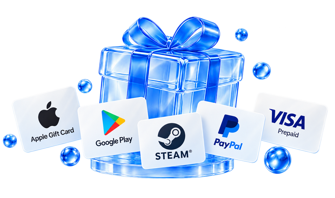 A blue glass gift box with Apple, Google Play, Steam, PayPal and Visa concept reward cards